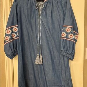 Given Kale Denim Top with Embroidered Neckline